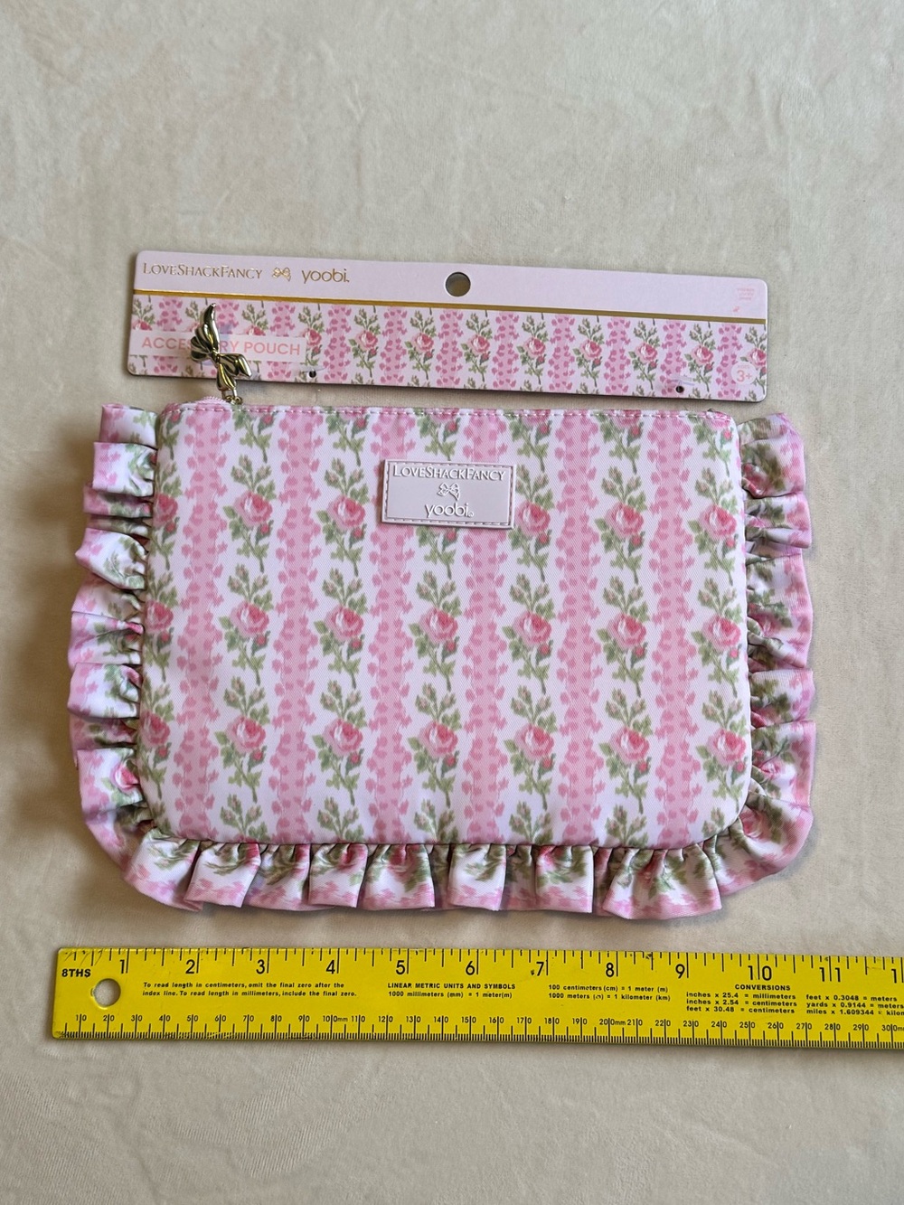 LoveShackFancy Floral Ruffle Accessory Pouch in Pink and Green
